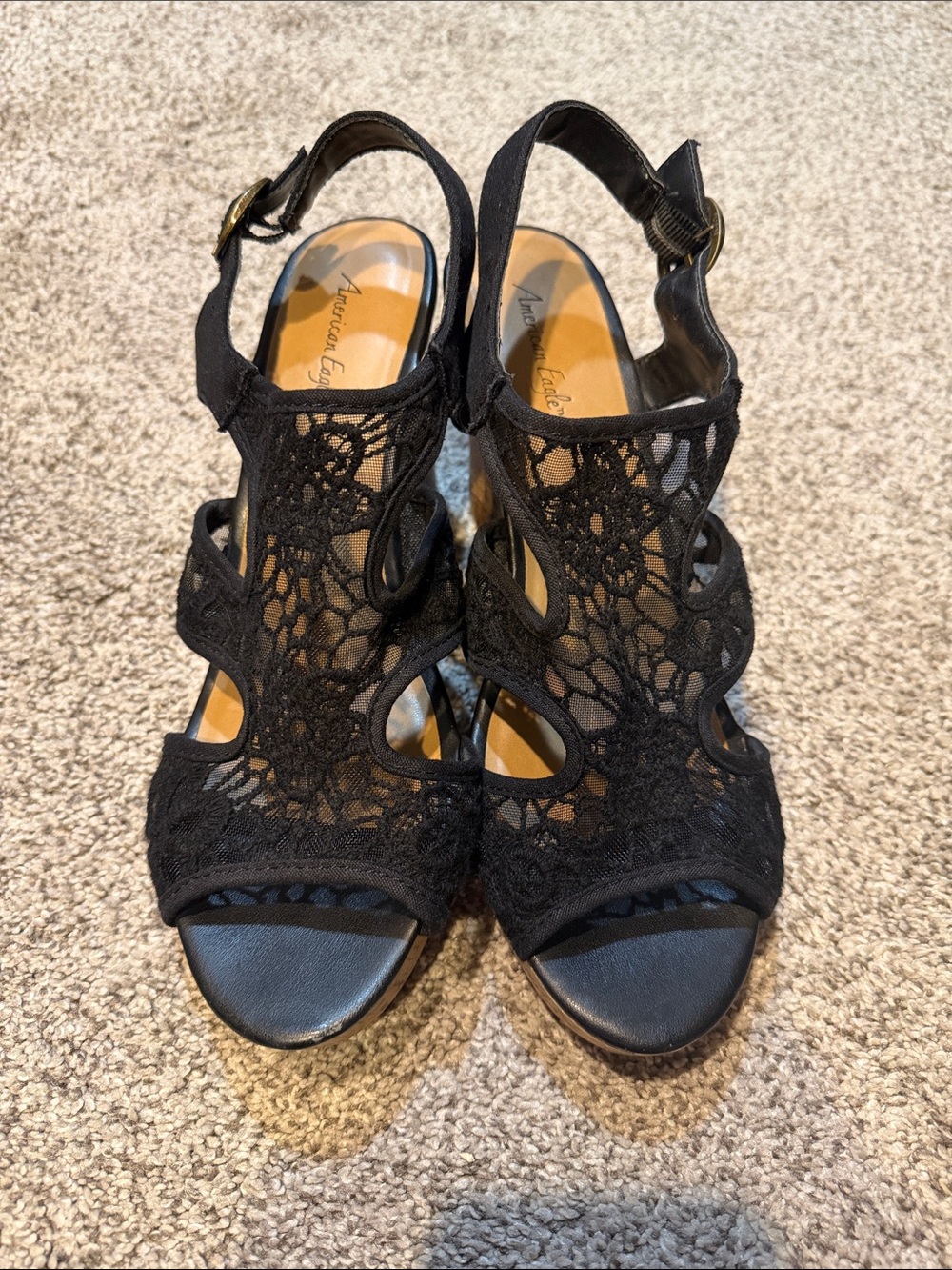 American Eagle Outfitters Black Lace Cutout Sling Wedge